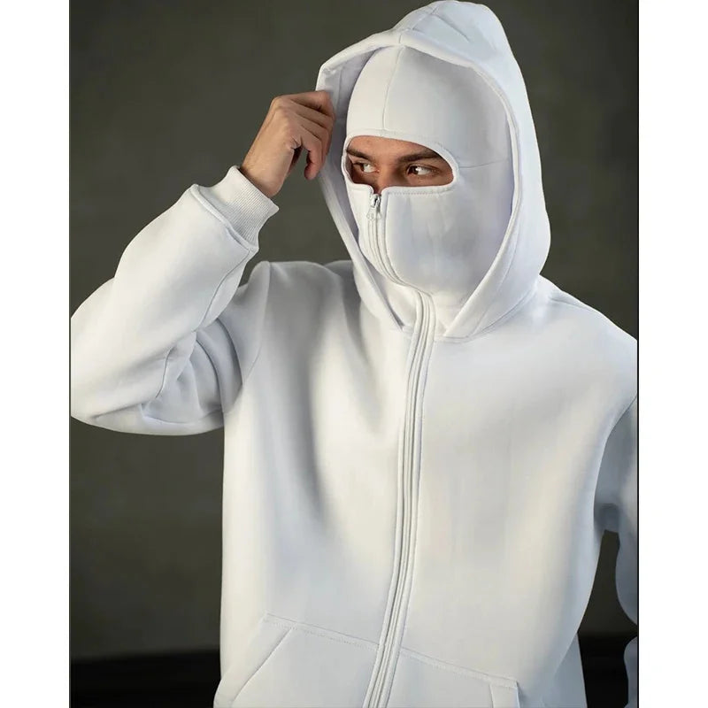 Unisex Double Hooded Fleece Sweatshirt Woman Balaclava Hoodie Half Zip Warm Outfit for Fall Winter Men Clothing Masked Outfit
