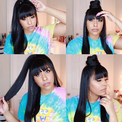 Brazilian Straight Human Hair Wigs With Bangs for Black Women Machine Made Straight Fringe Wigs 100% Human Hair