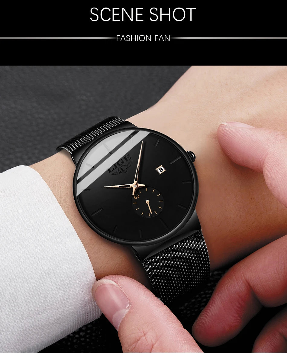 LIGE Fashion Mens Watches Top Brand Luxury Quartz Watch Men Casual Slim Mesh Steel Waterproof Sport Watch Relogio Masculino