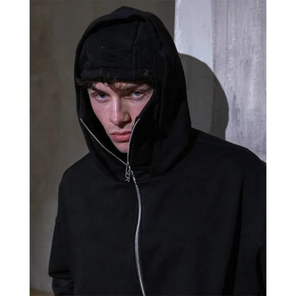 Unisex Double Hooded Fleece Sweatshirt Woman Balaclava Hoodie Half Zip Warm Outfit for Fall Winter Men Clothing Masked Outfit