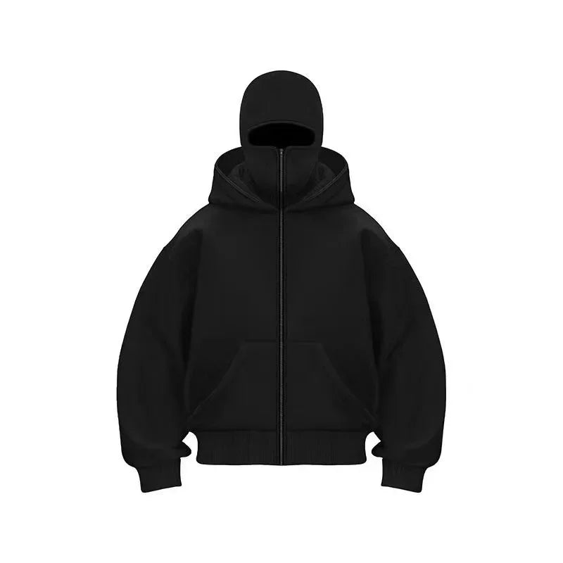 Unisex Double Hooded Fleece Sweatshirt Woman Balaclava Hoodie Half Zip Warm Outfit for Fall Winter Men Clothing Masked Outfit