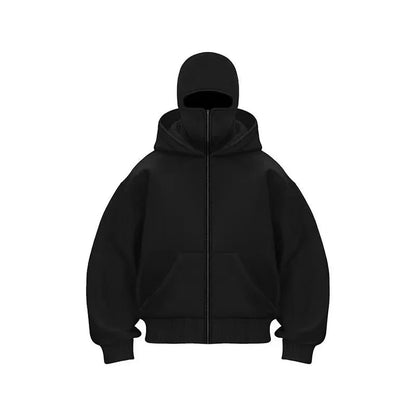 Unisex Double Hooded Fleece Sweatshirt Woman Balaclava Hoodie Half Zip Warm Outfit for Fall Winter Men Clothing Masked Outfit