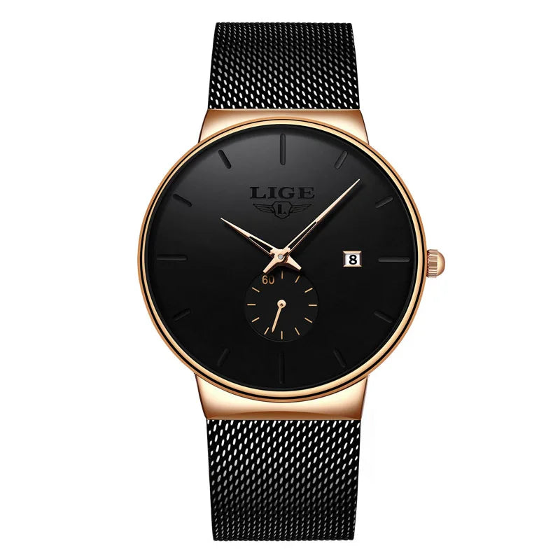 LIGE Fashion Mens Watches Top Brand Luxury Quartz Watch Men Casual Slim Mesh Steel Waterproof Sport Watch Relogio Masculino