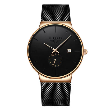 LIGE Fashion Mens Watches Top Brand Luxury Quartz Watch Men Casual Slim Mesh Steel Waterproof Sport Watch Relogio Masculino