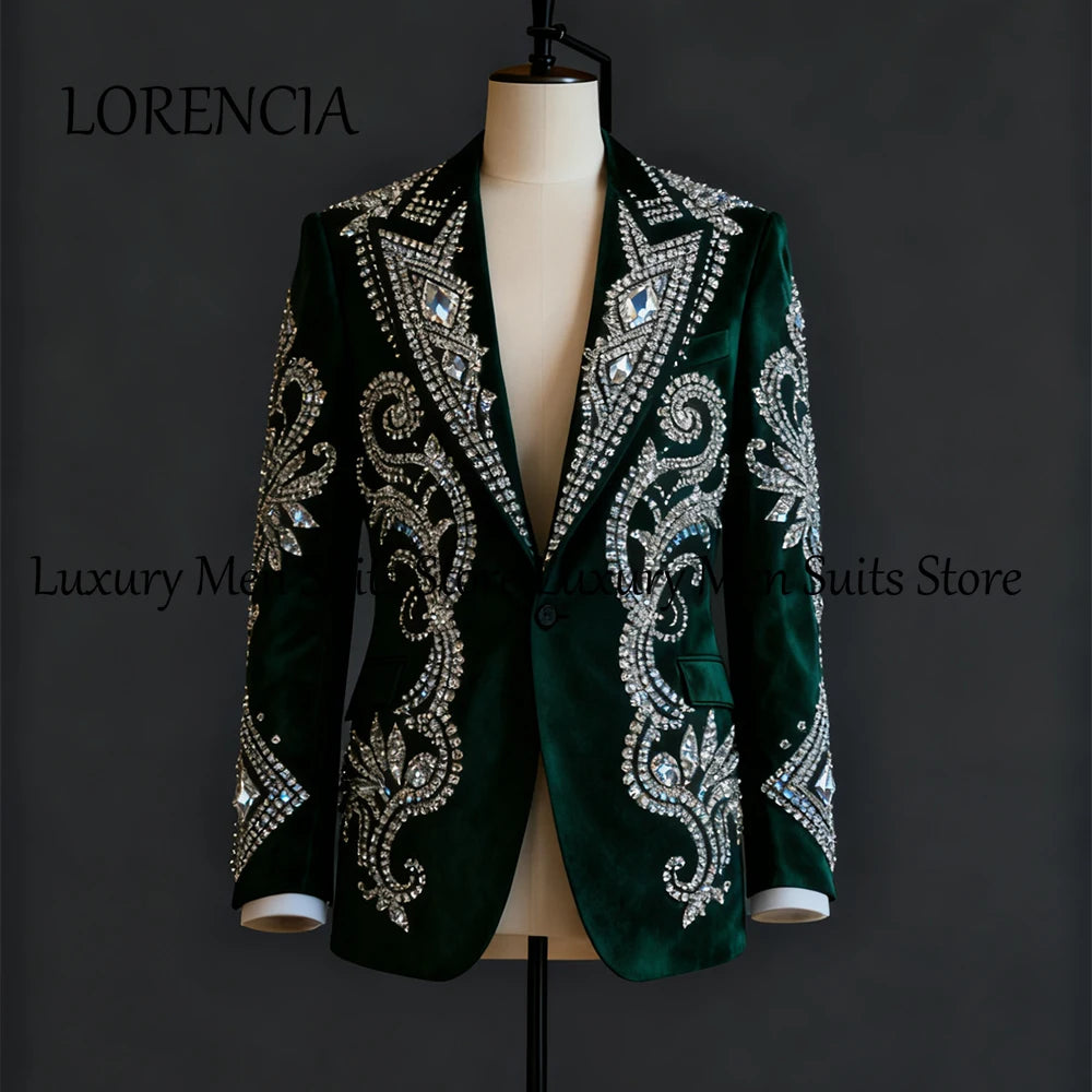 Exquisite Velvet Men Suits 2 Pieces Luxury Diamond Wedding Party Groom Tuxedo Set Customized Blazer Pants costume homme luxe