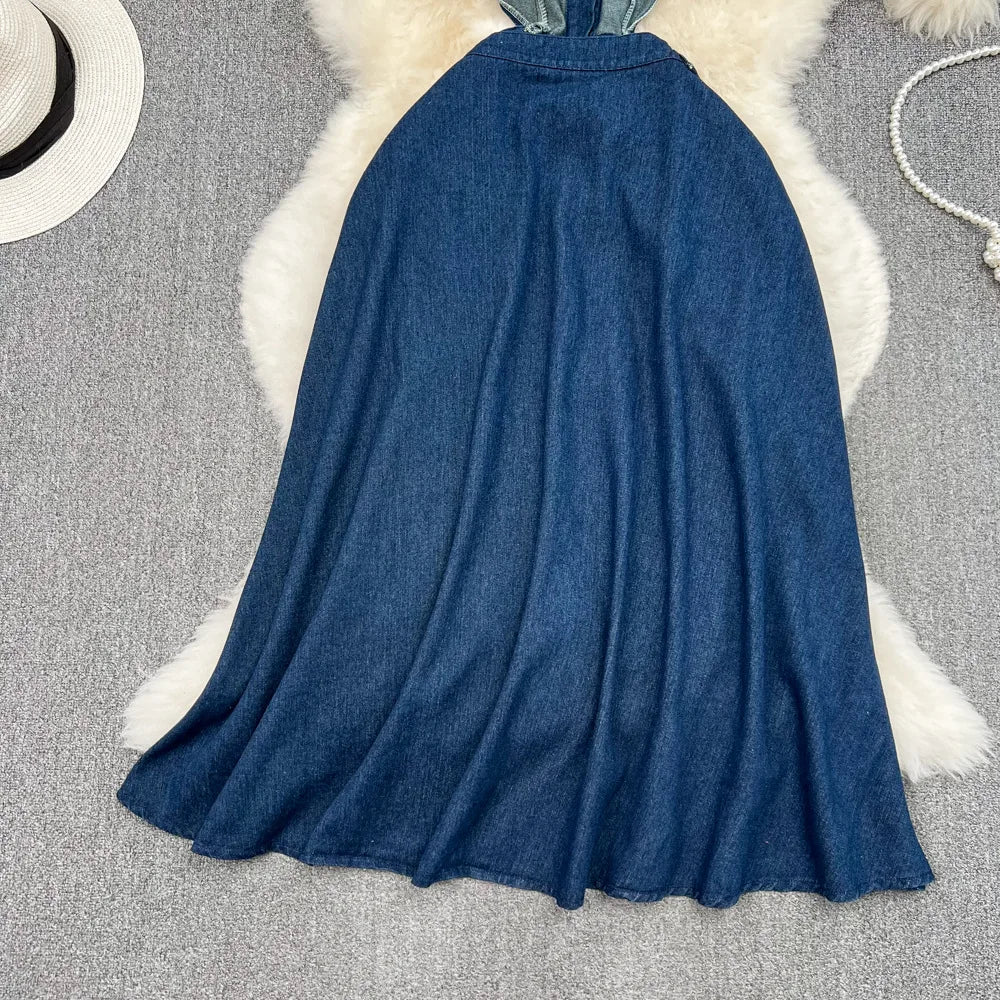 Denim Dress Women Long Dresses High Waist A Line Vestidos Turn Down Collar Sleeveless Elegant Y2k Streetwear Mom Jeans Slim 2025
