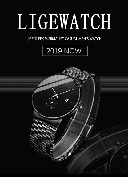 LIGE Fashion Mens Watches Top Brand Luxury Quartz Watch Men Casual Slim Mesh Steel Waterproof Sport Watch Relogio Masculino