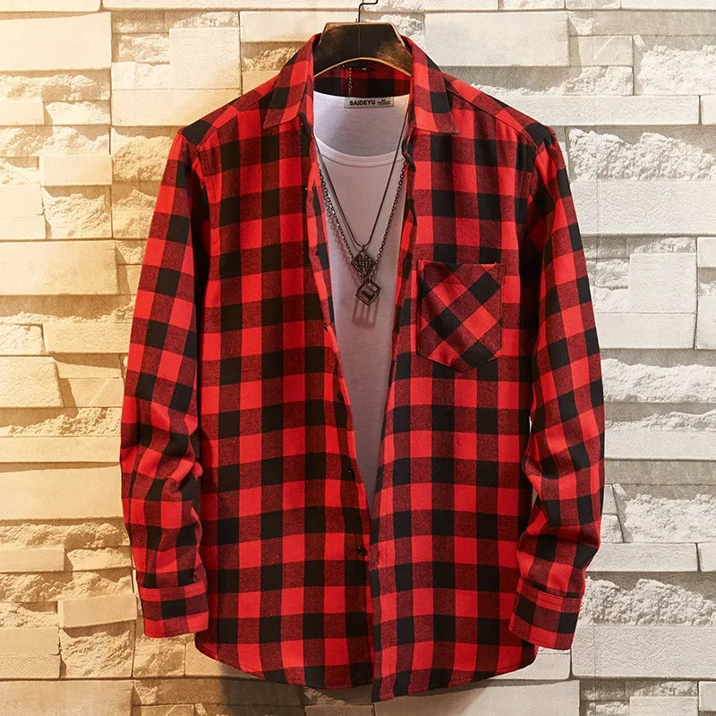 2025 Casual Men Plaid Spring Autumn Flannel Men Dress Shirts Fashion Long Sleeve Slim Fit Chemise Homme Cotton Male Shirt
