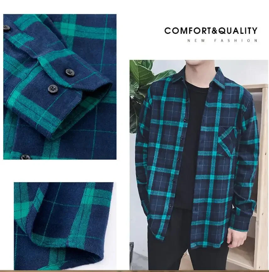 2025 Casual Men Plaid Spring Autumn Flannel Men Dress Shirts Fashion Long Sleeve Slim Fit Chemise Homme Cotton Male Shirt