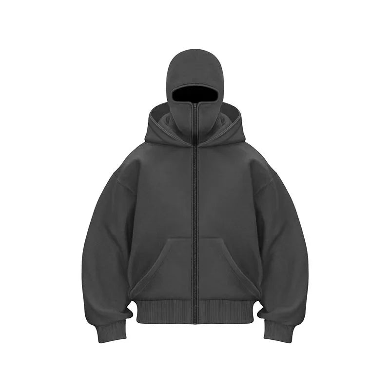 Unisex Double Hooded Fleece Sweatshirt Woman Balaclava Hoodie Half Zip Warm Outfit for Fall Winter Men Clothing Masked Outfit