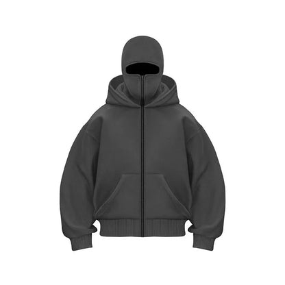 Unisex Double Hooded Fleece Sweatshirt Woman Balaclava Hoodie Half Zip Warm Outfit for Fall Winter Men Clothing Masked Outfit