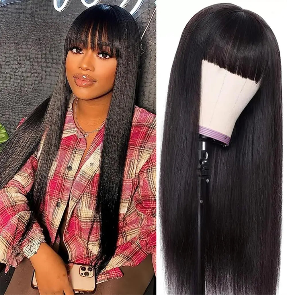 Brazilian Straight Human Hair Wigs With Bangs for Black Women Machine Made Straight Fringe Wigs 100% Human Hair