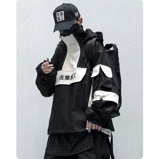 Unisex Multi Pocket Jacket Stormsuit Hiphop Casual Stitching Half Zip Hooded Women Men'S Clothes Japanese Style Streetwear