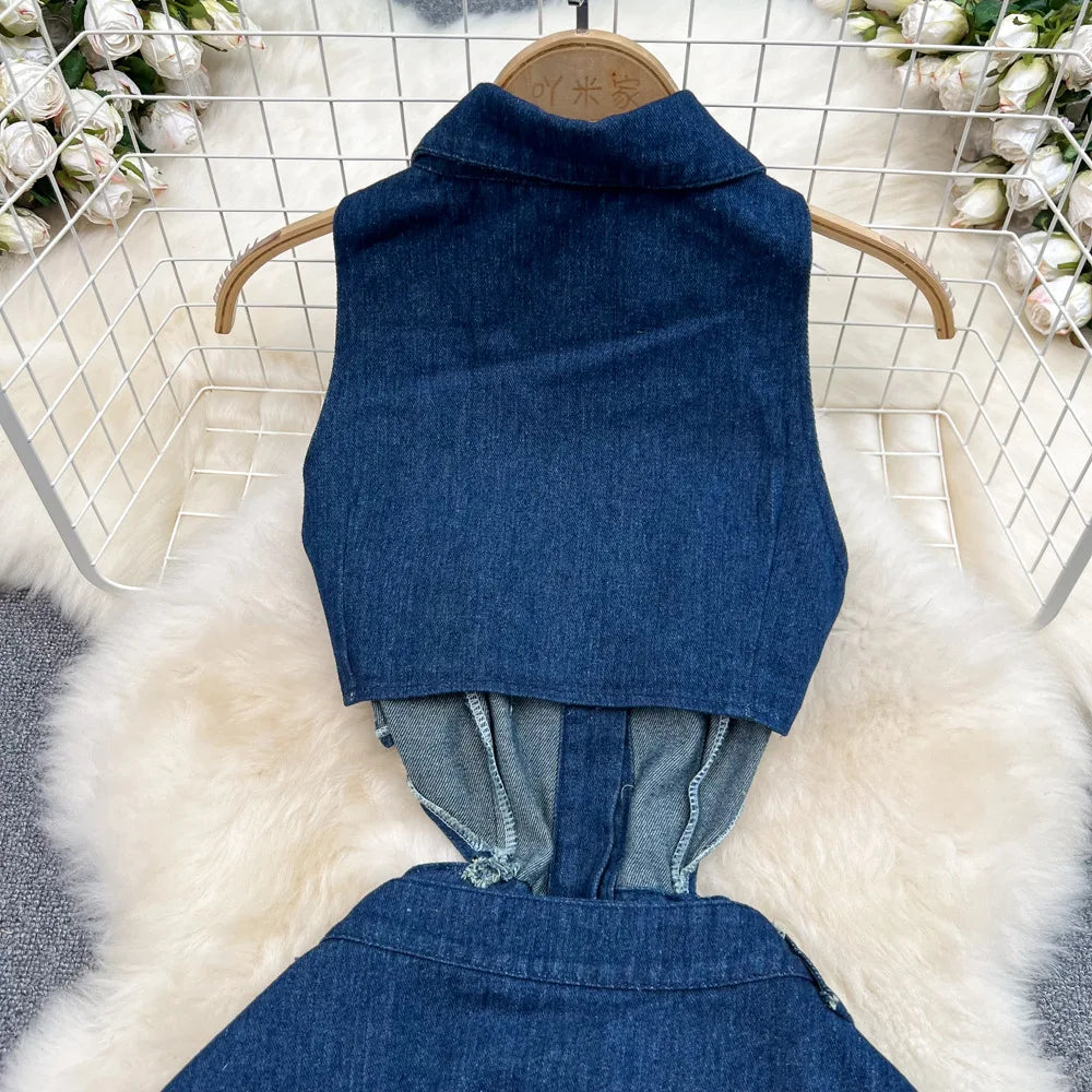 Denim Dress Women Long Dresses High Waist A Line Vestidos Turn Down Collar Sleeveless Elegant Y2k Streetwear Mom Jeans Slim 2025