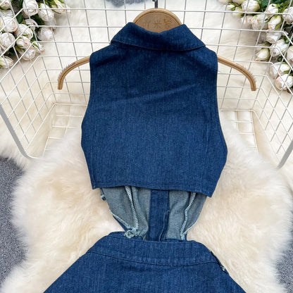 Denim Dress Women Long Dresses High Waist A Line Vestidos Turn Down Collar Sleeveless Elegant Y2k Streetwear Mom Jeans Slim 2025