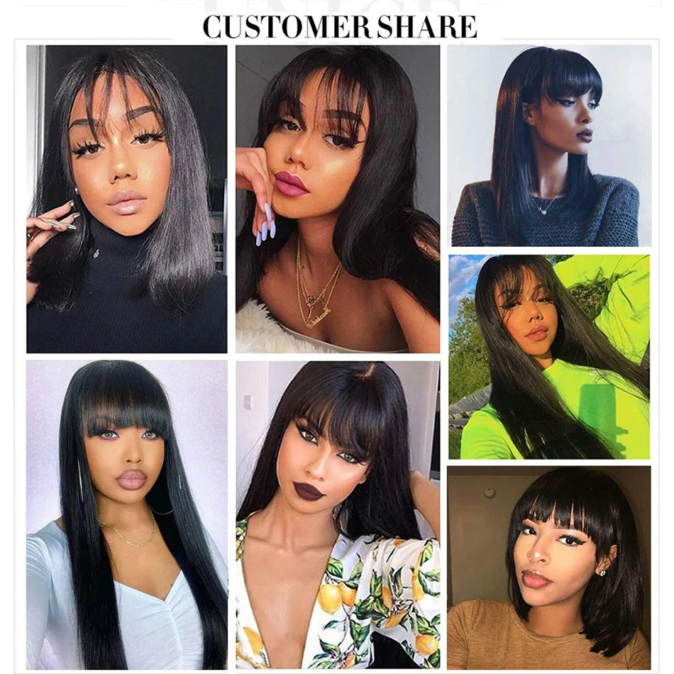Brazilian Straight Human Hair Wigs With Bangs for Black Women Machine Made Straight Fringe Wigs 100% Human Hair