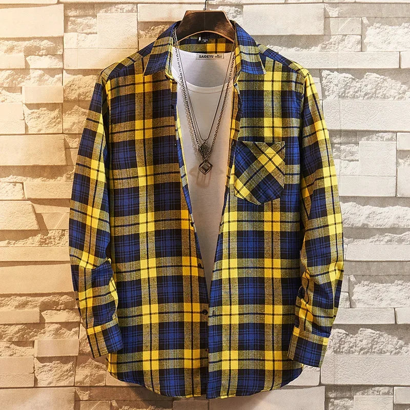 2025 Casual Men Plaid Spring Autumn Flannel Men Dress Shirts Fashion Long Sleeve Slim Fit Chemise Homme Cotton Male Shirt