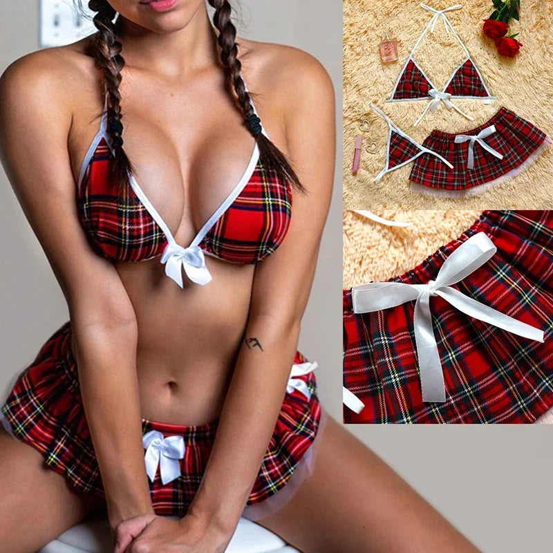 Woman Student Costume Sexy Role Play Uniform  Erotic Costumes Naughty Lingerie Plaid Halloween Women's Night Sex Cosplay Suit