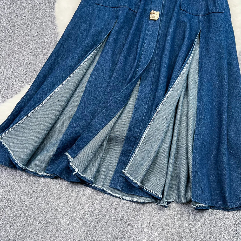 Denim Dress Women Long Dresses High Waist A Line Vestidos Turn Down Collar Sleeveless Elegant Y2k Streetwear Mom Jeans Slim 2025