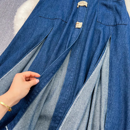 Denim Dress Women Long Dresses High Waist A Line Vestidos Turn Down Collar Sleeveless Elegant Y2k Streetwear Mom Jeans Slim 2025