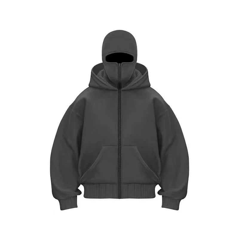 Unisex Double Hooded Fleece Sweatshirt Woman Balaclava Hoodie Half Zip Warm Outfit for Fall Winter Men Clothing Masked Outfit