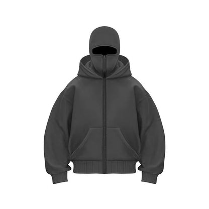 Unisex Double Hooded Fleece Sweatshirt Woman Balaclava Hoodie Half Zip Warm Outfit for Fall Winter Men Clothing Masked Outfit