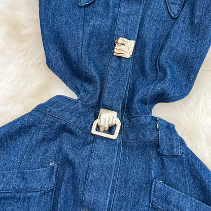 Denim Dress Women Long Dresses High Waist A Line Vestidos Turn Down Collar Sleeveless Elegant Y2k Streetwear Mom Jeans Slim 2025