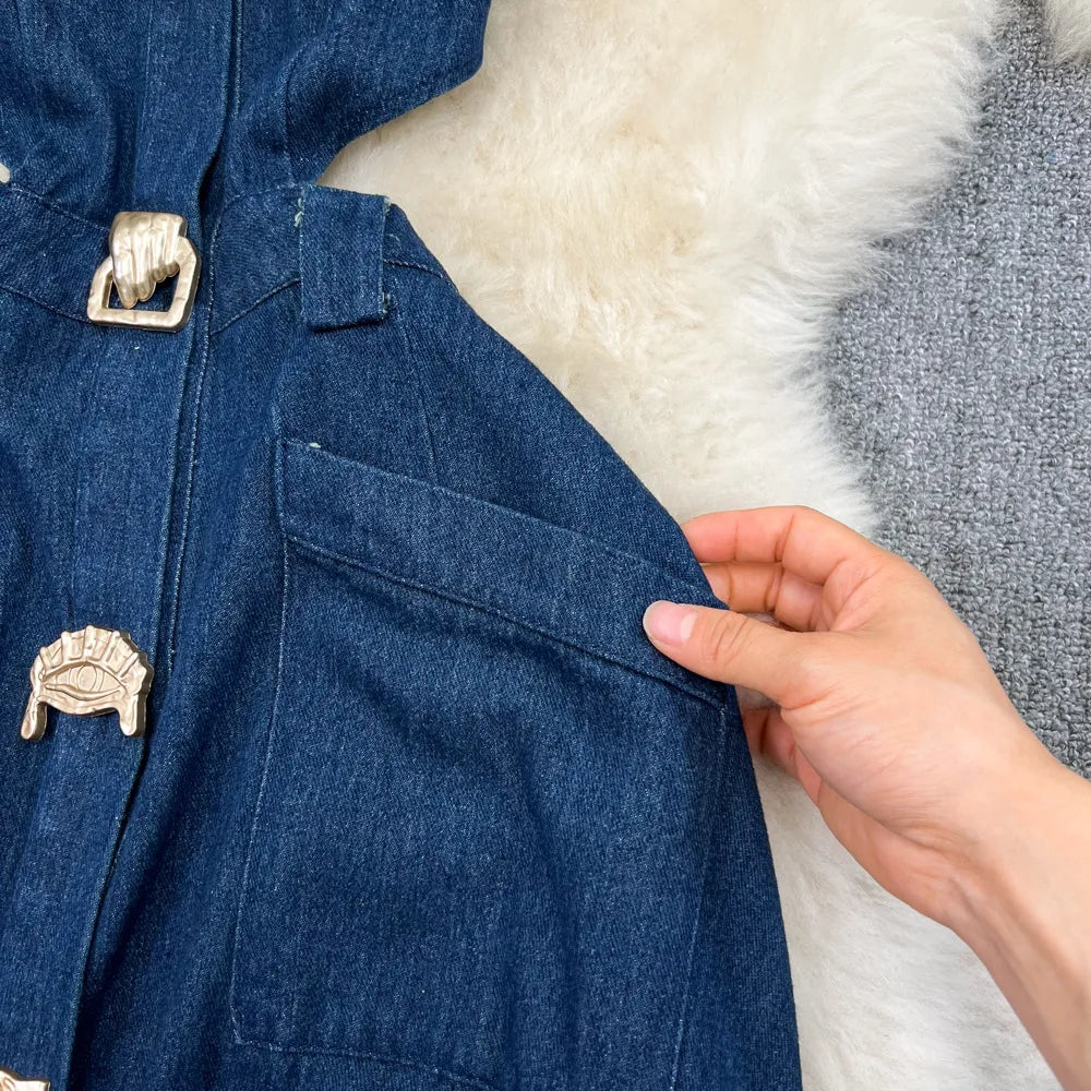 Denim Dress Women Long Dresses High Waist A Line Vestidos Turn Down Collar Sleeveless Elegant Y2k Streetwear Mom Jeans Slim 2025