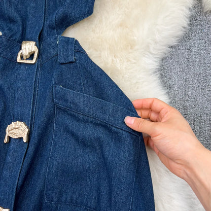 Denim Dress Women Long Dresses High Waist A Line Vestidos Turn Down Collar Sleeveless Elegant Y2k Streetwear Mom Jeans Slim 2025