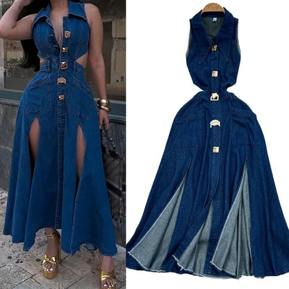 Denim Dress Women Long Dresses High Waist A Line Vestidos Turn Down Collar Sleeveless Elegant Y2k Streetwear Mom Jeans Slim 2025