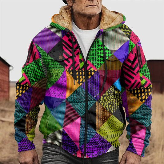 Unisex Retro Geometric Print Fleece-Lined Hooded Jackets Bold Multicolor Abstract Design with Cozy Warm Inner Trendy Streetwear