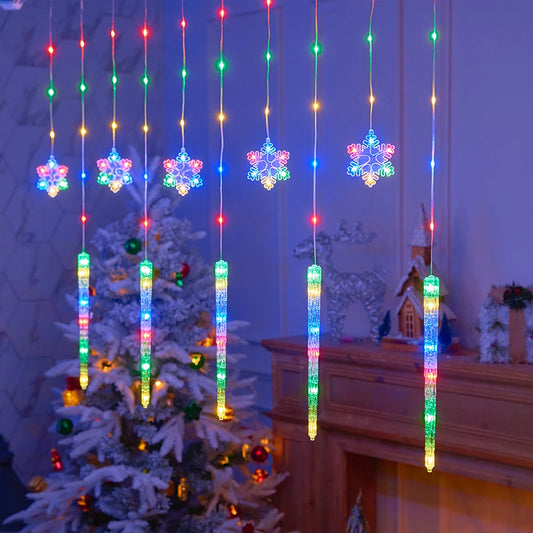 Christmas LED Curtain Lights, Boasting Snowflake & Icicle Patterns, Battery - Driven Fairy String Lights Suited for Home Party