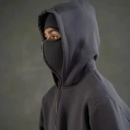 Unisex Double Hooded Fleece Sweatshirt Woman Balaclava Hoodie Half Zip Warm Outfit for Fall Winter Men Clothing Masked Outfit
