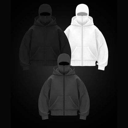 Unisex Double Hooded Fleece Sweatshirt Woman Balaclava Hoodie Half Zip Warm Outfit for Fall Winter Men Clothing Masked Outfit