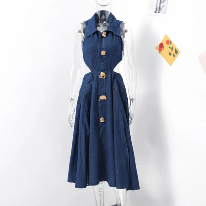 Denim Dress Women Long Dresses High Waist A Line Vestidos Turn Down Collar Sleeveless Elegant Y2k Streetwear Mom Jeans Slim 2025