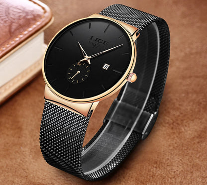 LIGE Fashion Mens Watches Top Brand Luxury Quartz Watch Men Casual Slim Mesh Steel Waterproof Sport Watch Relogio Masculino
