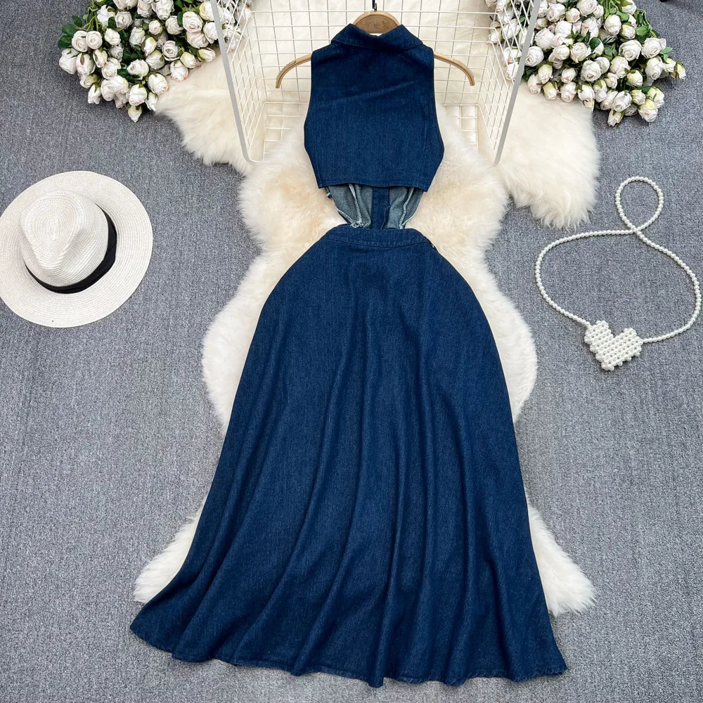 Denim Dress Women Long Dresses High Waist A Line Vestidos Turn Down Collar Sleeveless Elegant Y2k Streetwear Mom Jeans Slim 2025