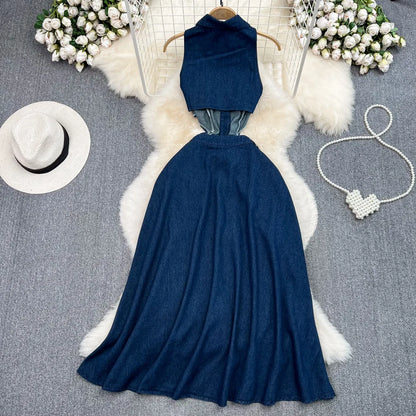 Denim Dress Women Long Dresses High Waist A Line Vestidos Turn Down Collar Sleeveless Elegant Y2k Streetwear Mom Jeans Slim 2025