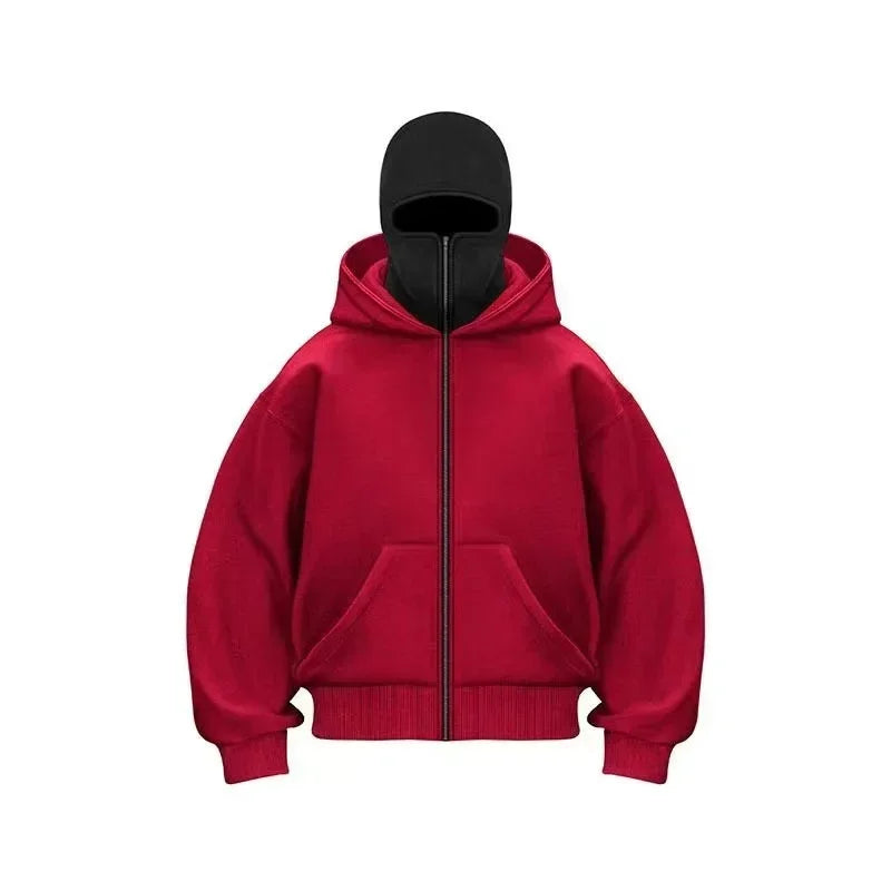 Unisex Double Hooded Fleece Sweatshirt Woman Balaclava Hoodie Half Zip Warm Outfit for Fall Winter Men Clothing Masked Outfit
