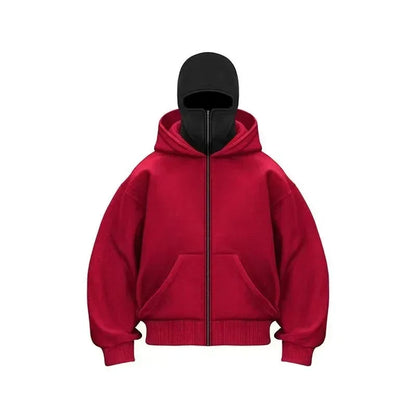 Unisex Double Hooded Fleece Sweatshirt Woman Balaclava Hoodie Half Zip Warm Outfit for Fall Winter Men Clothing Masked Outfit