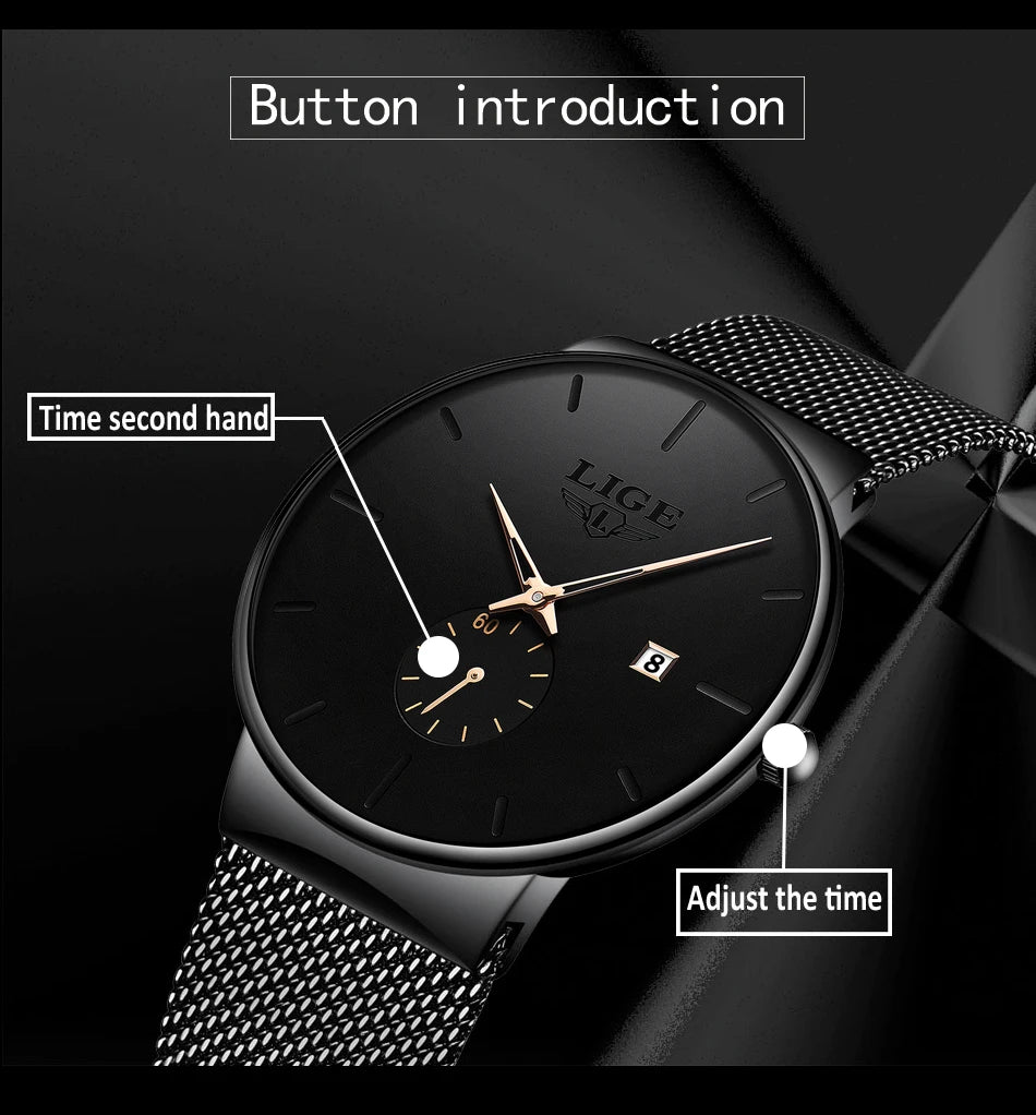 LIGE Fashion Mens Watches Top Brand Luxury Quartz Watch Men Casual Slim Mesh Steel Waterproof Sport Watch Relogio Masculino