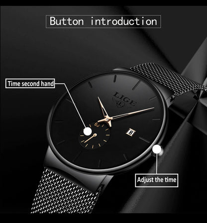 LIGE Fashion Mens Watches Top Brand Luxury Quartz Watch Men Casual Slim Mesh Steel Waterproof Sport Watch Relogio Masculino