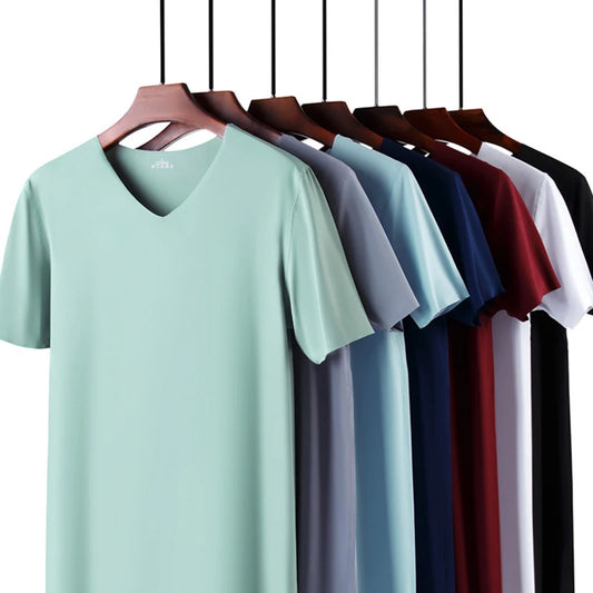 2025 Men's Thin Short Sleeve Ice Silk Without Summer Solid Color T shirt Trace Slim V-neck Bottoming Seamless short sleeve