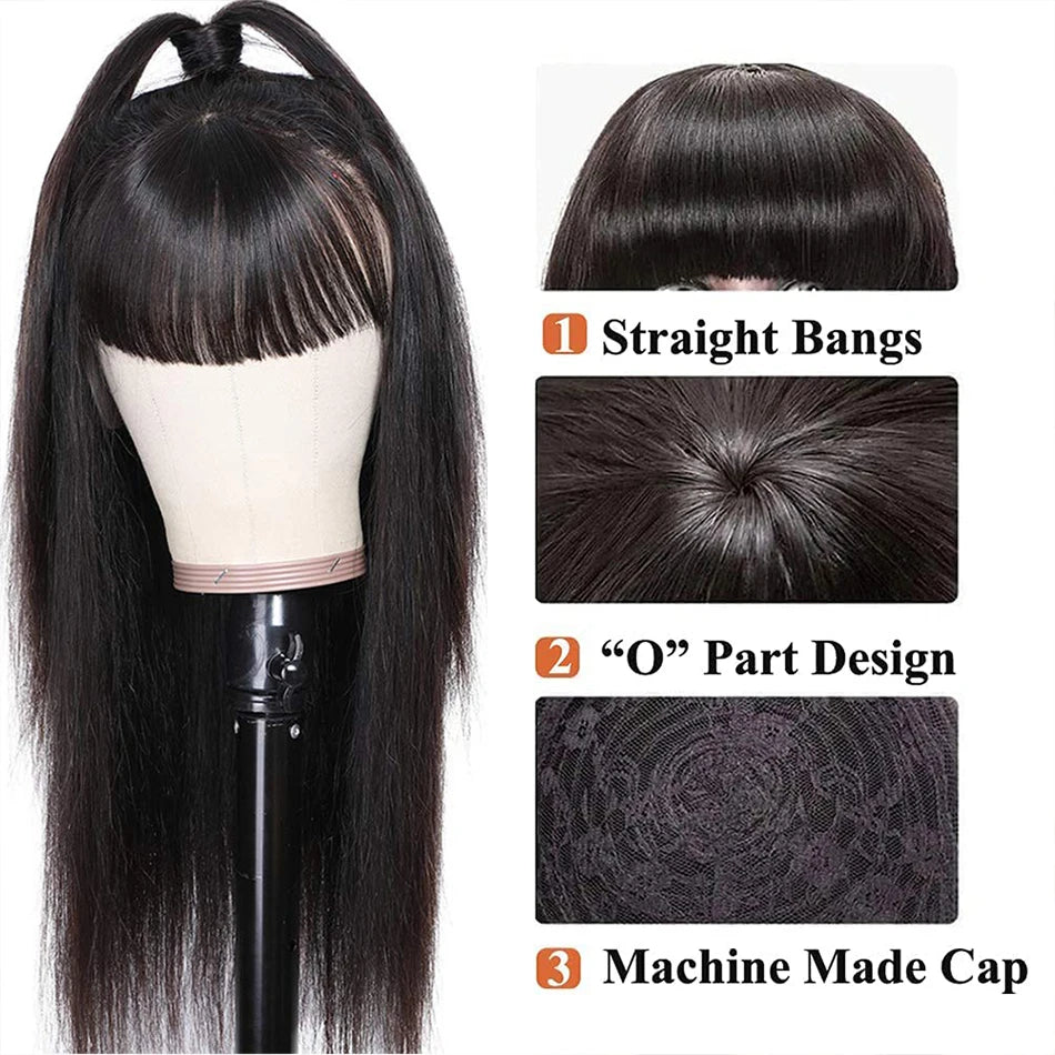 Brazilian Straight Human Hair Wigs With Bangs for Black Women Machine Made Straight Fringe Wigs 100% Human Hair
