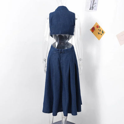 Denim Dress Women Long Dresses High Waist A Line Vestidos Turn Down Collar Sleeveless Elegant Y2k Streetwear Mom Jeans Slim 2025
