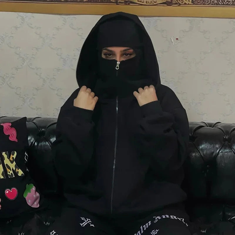 Unisex Double Hooded Fleece Sweatshirt Woman Balaclava Hoodie Half Zip Warm Outfit for Fall Winter Men Clothing Masked Outfit