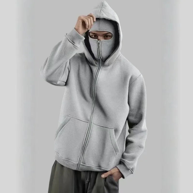 Unisex Double Hooded Fleece Sweatshirt Woman Balaclava Hoodie Half Zip Warm Outfit for Fall Winter Men Clothing Masked Outfit