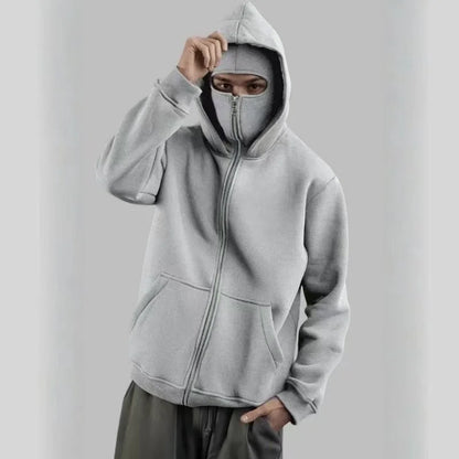 Unisex Double Hooded Fleece Sweatshirt Woman Balaclava Hoodie Half Zip Warm Outfit for Fall Winter Men Clothing Masked Outfit