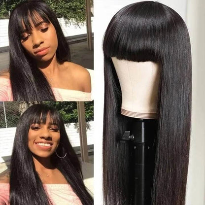 Brazilian Straight Human Hair Wigs With Bangs for Black Women Machine Made Straight Fringe Wigs 100% Human Hair