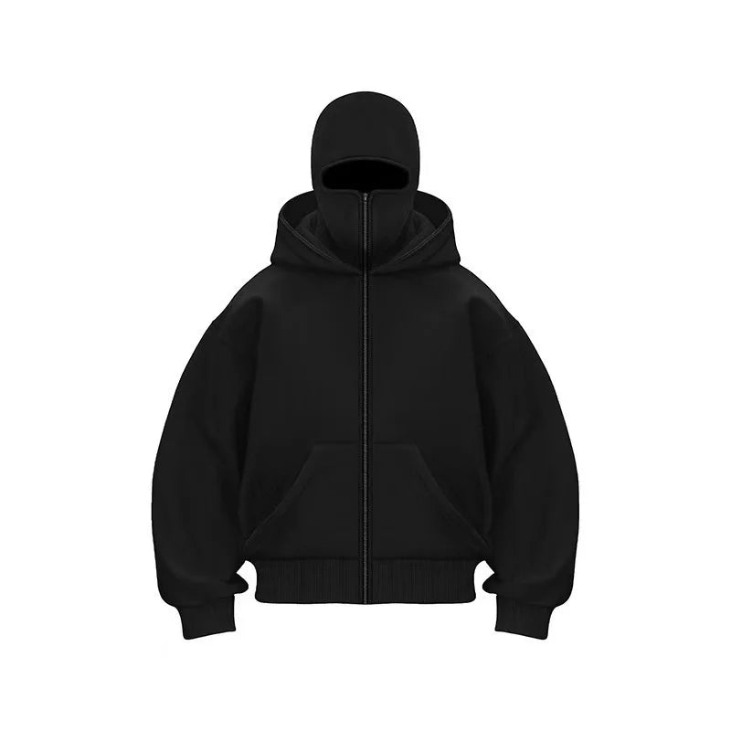 Unisex Double Hooded Fleece Sweatshirt Woman Balaclava Hoodie Half Zip Warm Outfit for Fall Winter Men Clothing Masked Outfit